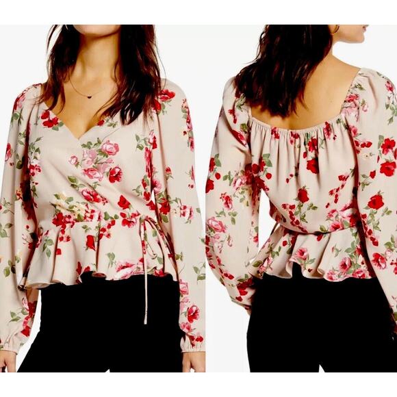 NWT Leith Pink Adobe Taupe Pink Red Floral Print Bell Sleeve Ruffle Wrap Top S - Picture 1 of 14